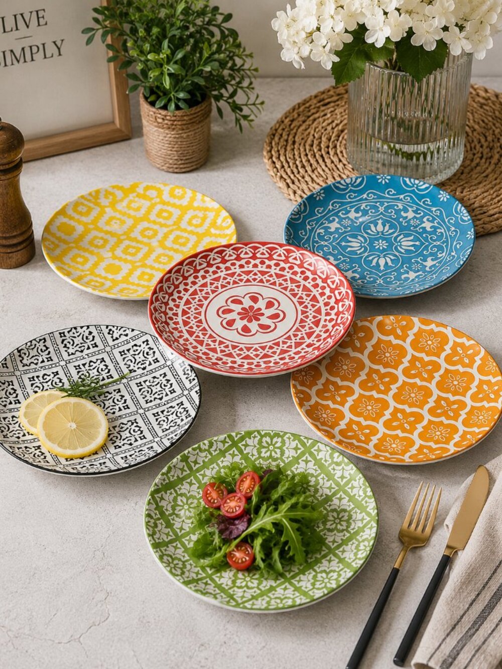 AHX Moroccan Boho Ceramic Salad Plates Set of 6 8 Inch Multicolor New